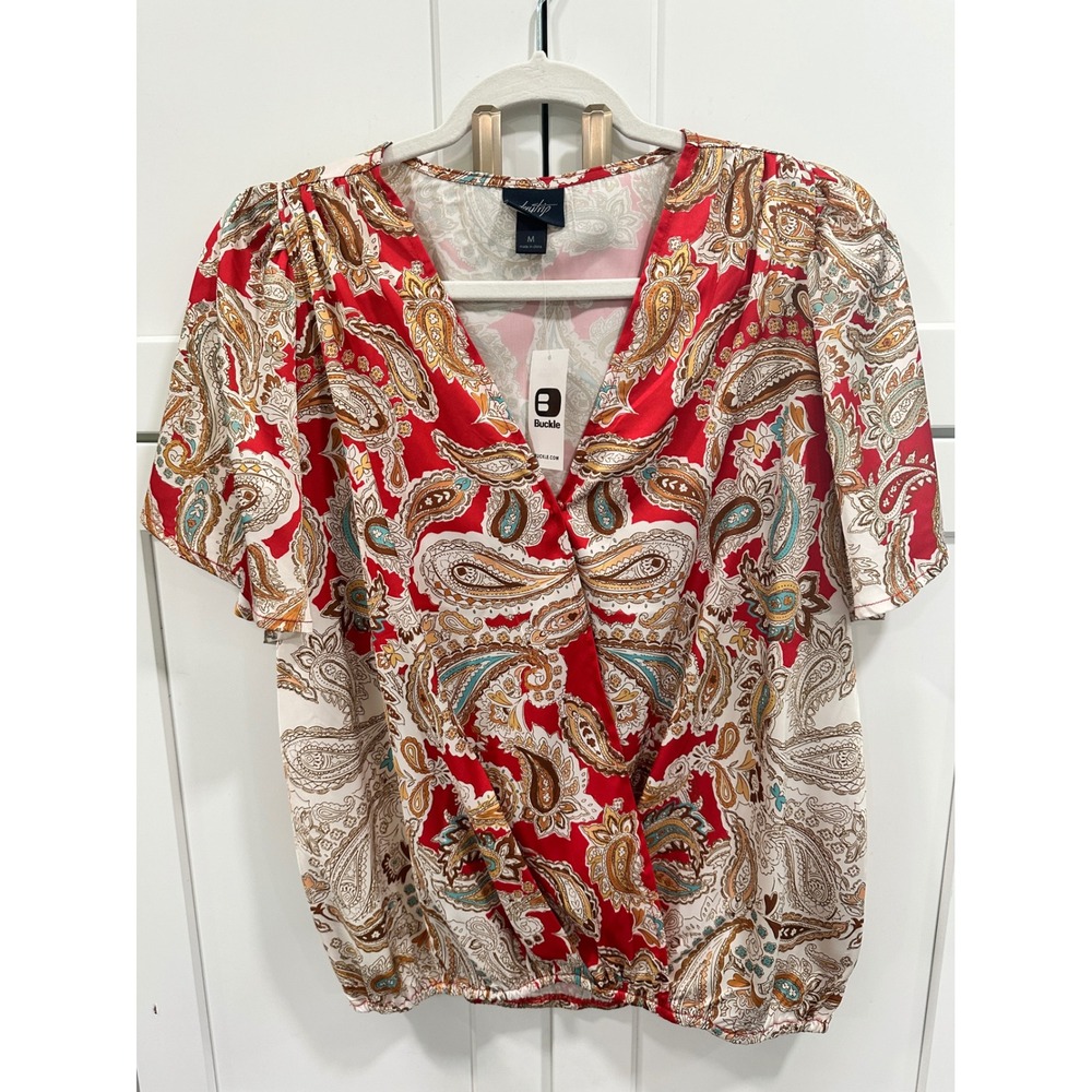 Daytrip Womens Red Paisley Surplice Short Sleeve Blouse DKXB0716U Medium NWT